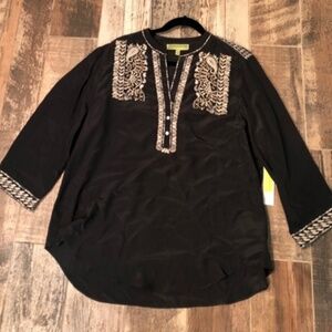 NWOT ❤️Sigrid Olsen - Black & Tan Silk Embroidered Top - XL